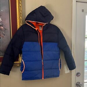 Faded Glory Navy and Blue Puffer Jacket with Orange Accents